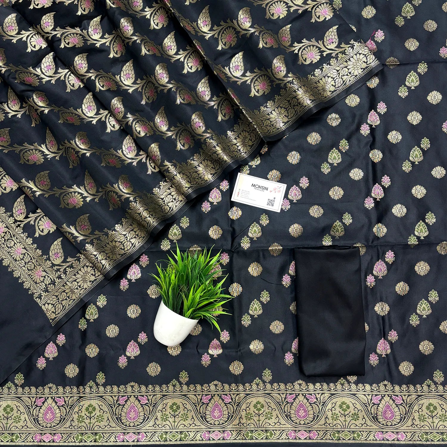 Black Semi Katan Silk Banarasi Suit