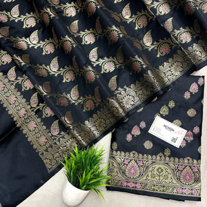 Black Semi Katan Silk Banarasi Suit