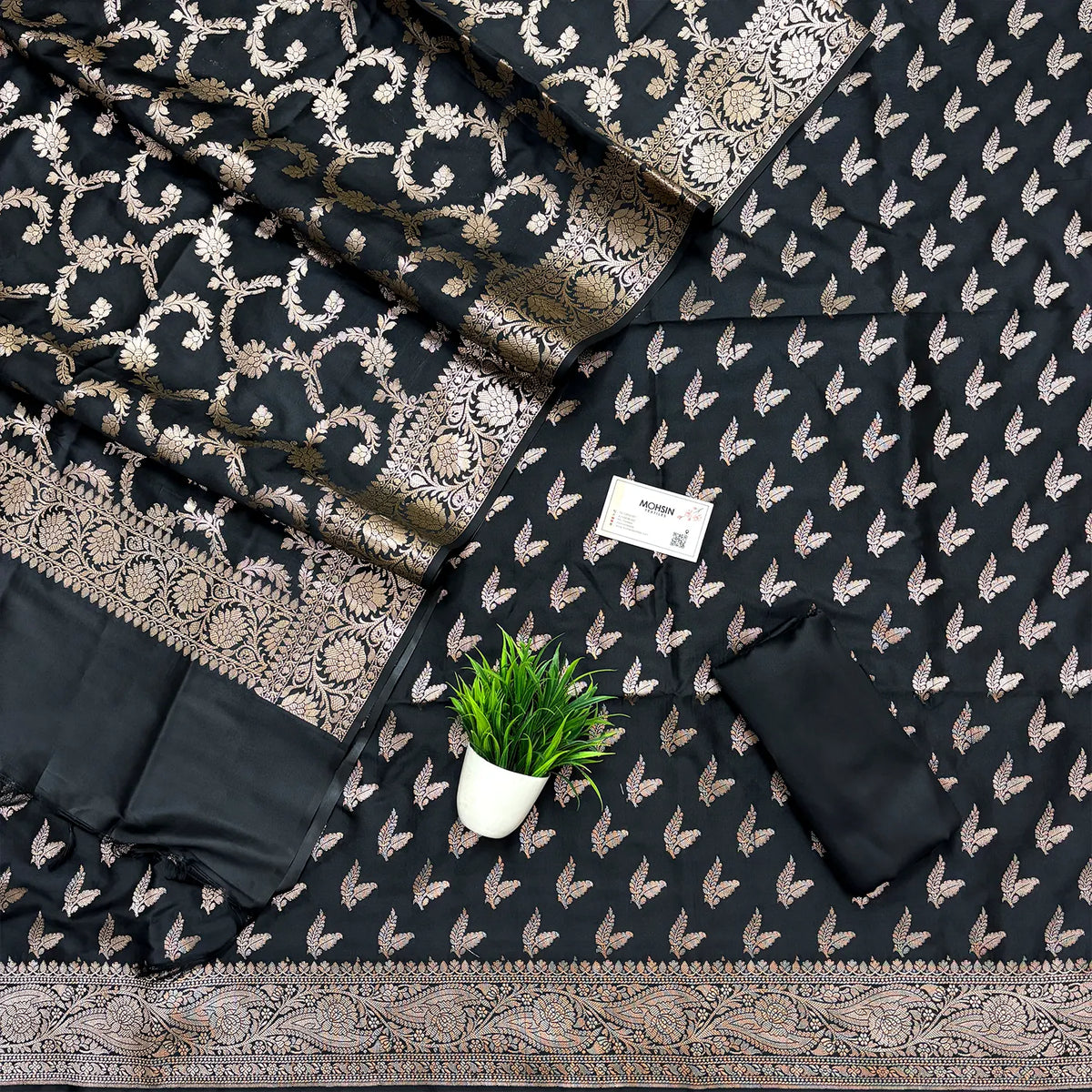 Black Semi Katan Silk Banarasi Suit
