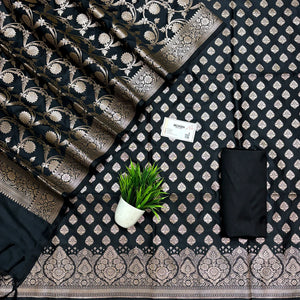 Black Singhasan Buti Semi Katan Silk Banarasi Suit