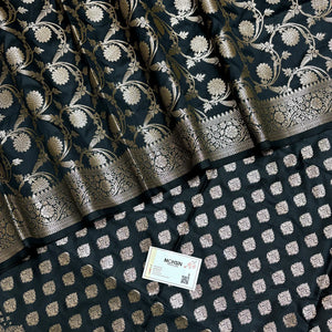 Black Singhasan Buti Semi Katan Silk Banarasi Suit