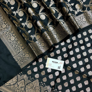 Black Singhasan Buti Semi Katan Silk Banarasi Suit