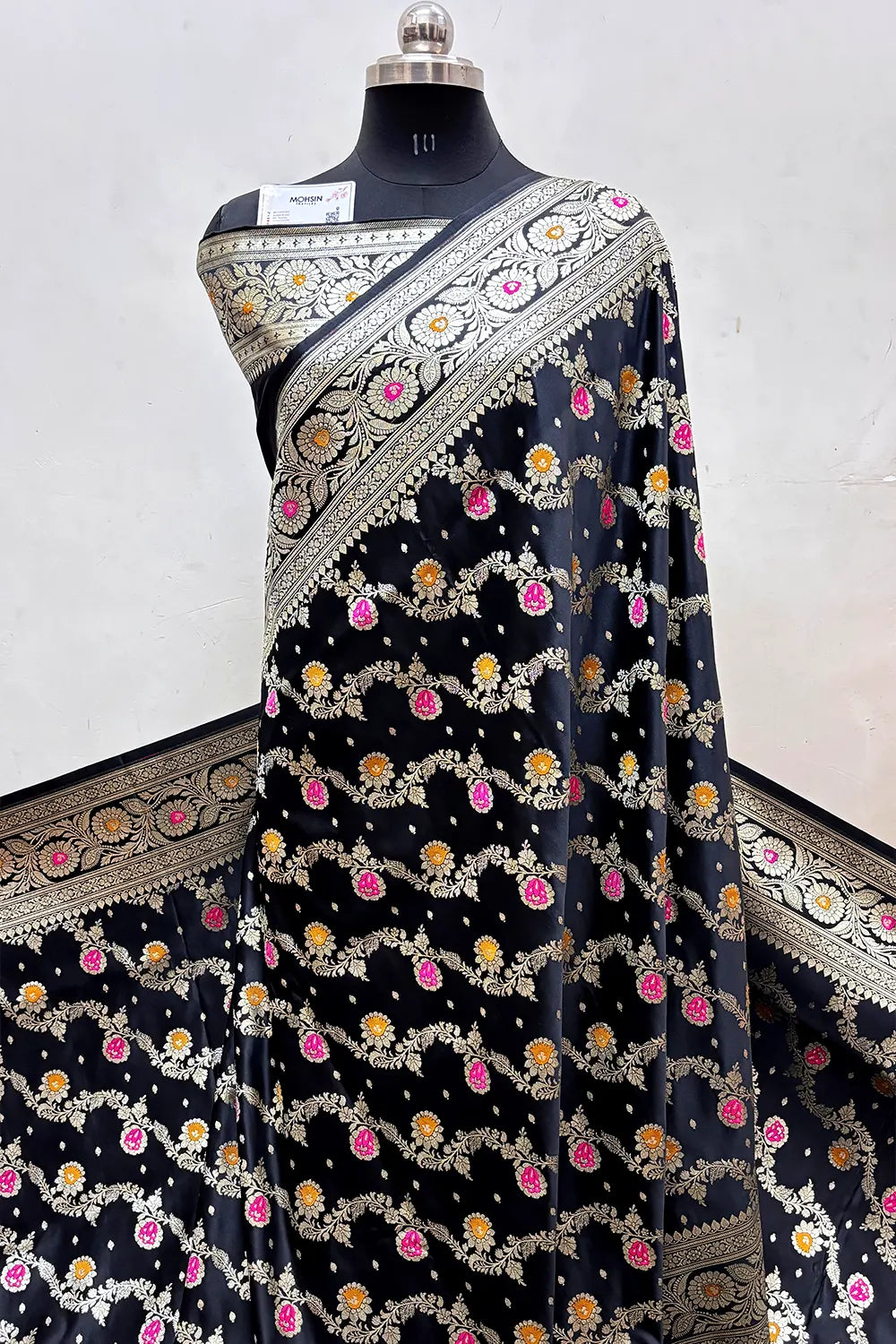 Black Zari Hand Brush Katan Satin Silk Banarasi Saree
