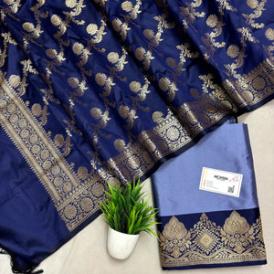 Blue and Navy Blue Plain Semi Katan Silk Banarasi Silk Suit