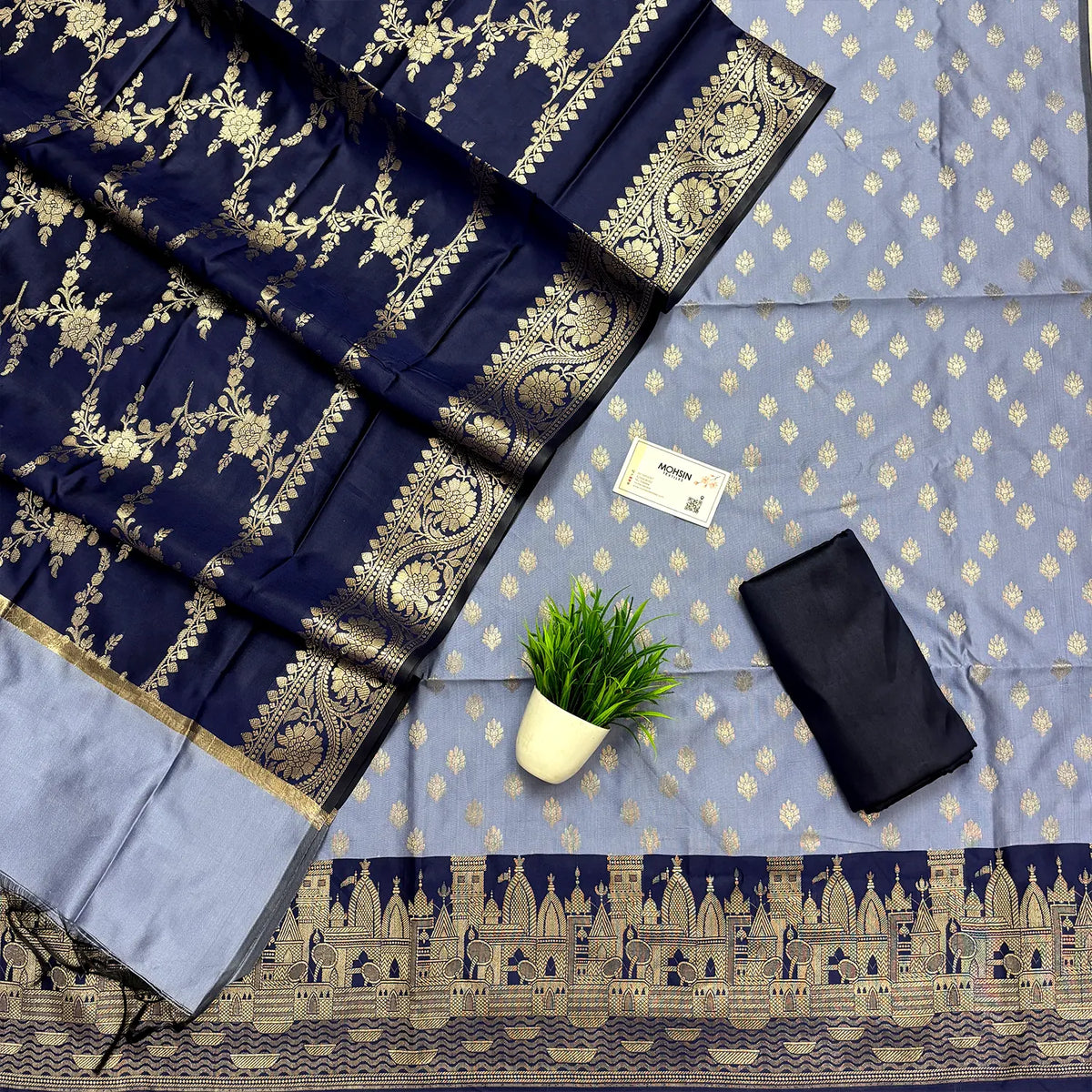Blue and Navy Blue Ghat Buti Semi Katan Silk Banarasi Suit