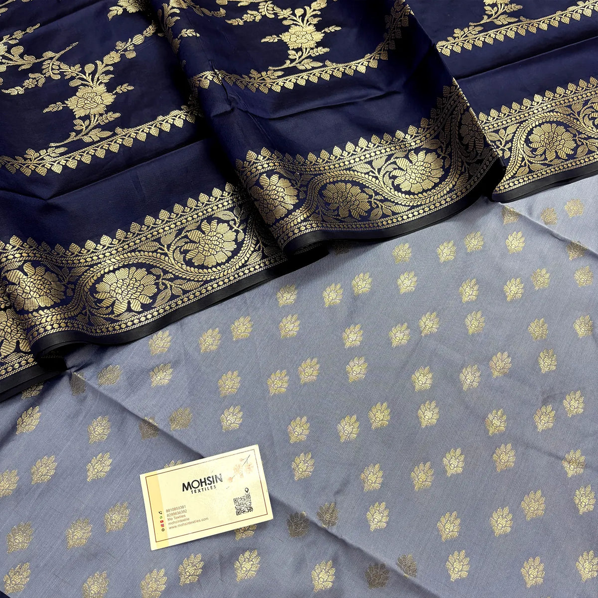 Blue and Navy Blue Ghat Buti Semi Katan Silk Banarasi Suit
