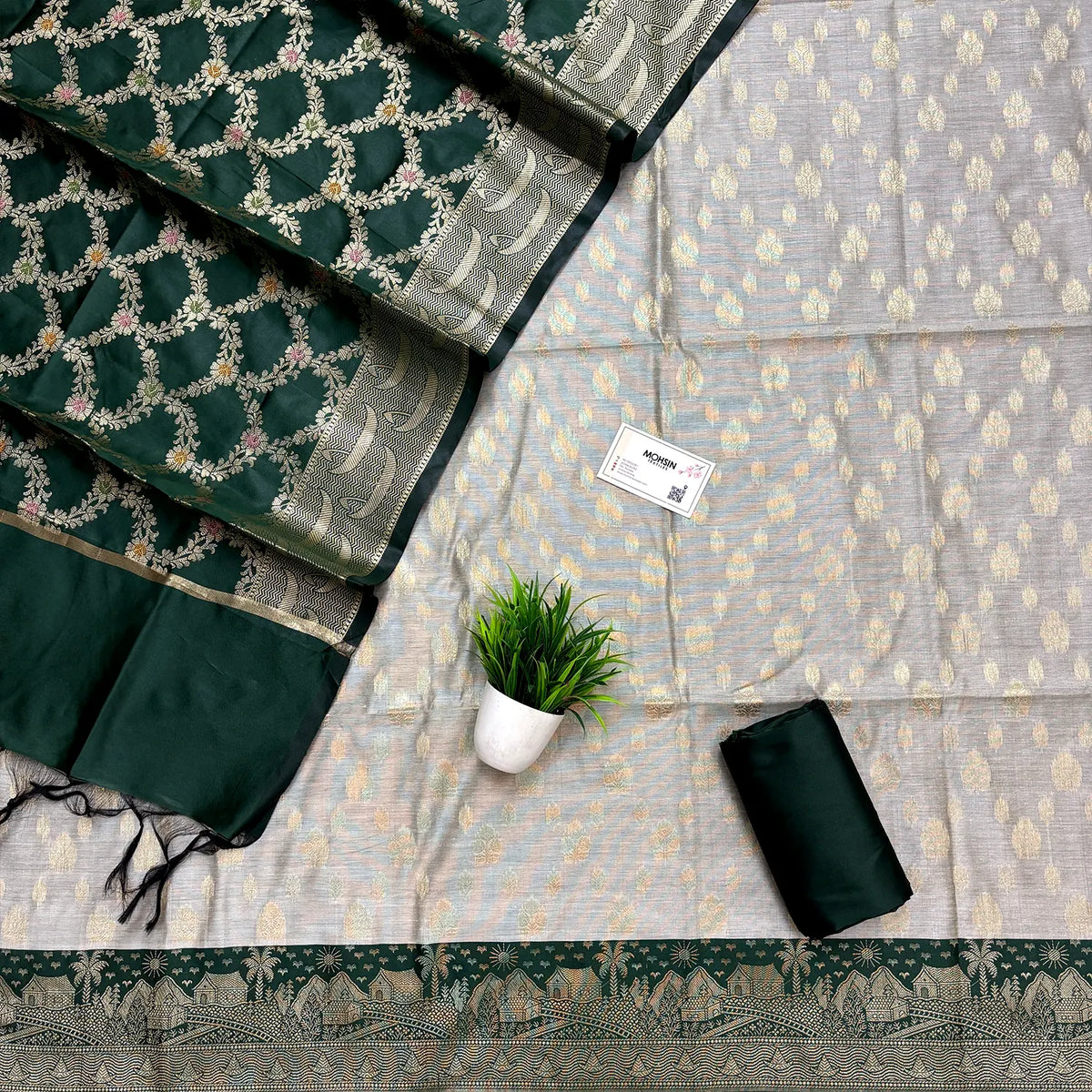 Bottle Green and Grey Nai Basti Semi Katan Silk Banarasi Suit