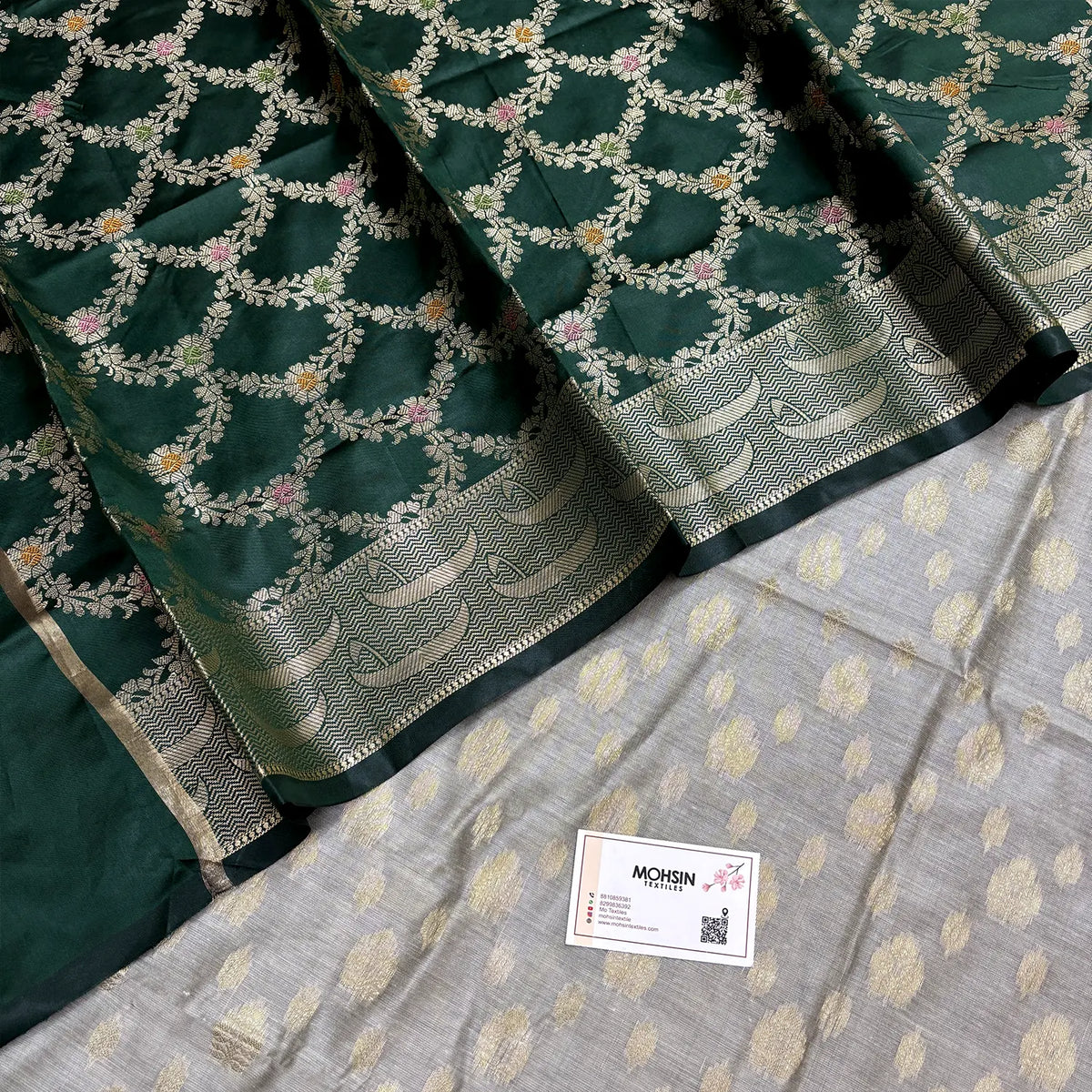 Bottle Green and Grey Nai Basti Semi Katan Silk Banarasi Suit