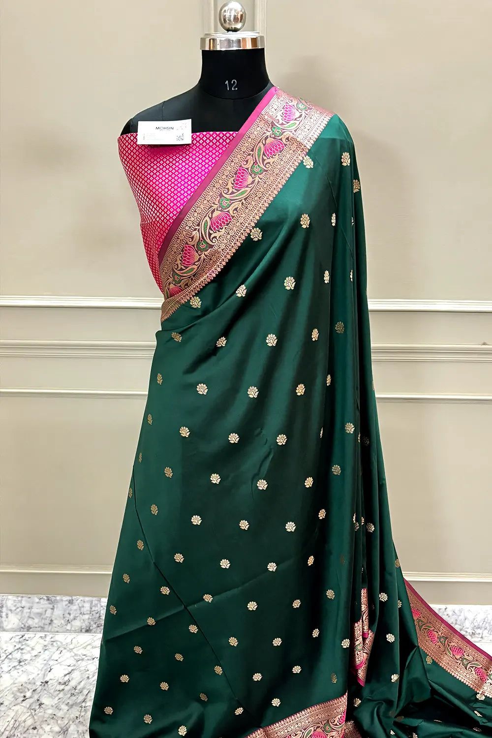 Bottle Green and Pink Buti Banarasi Silk Saree