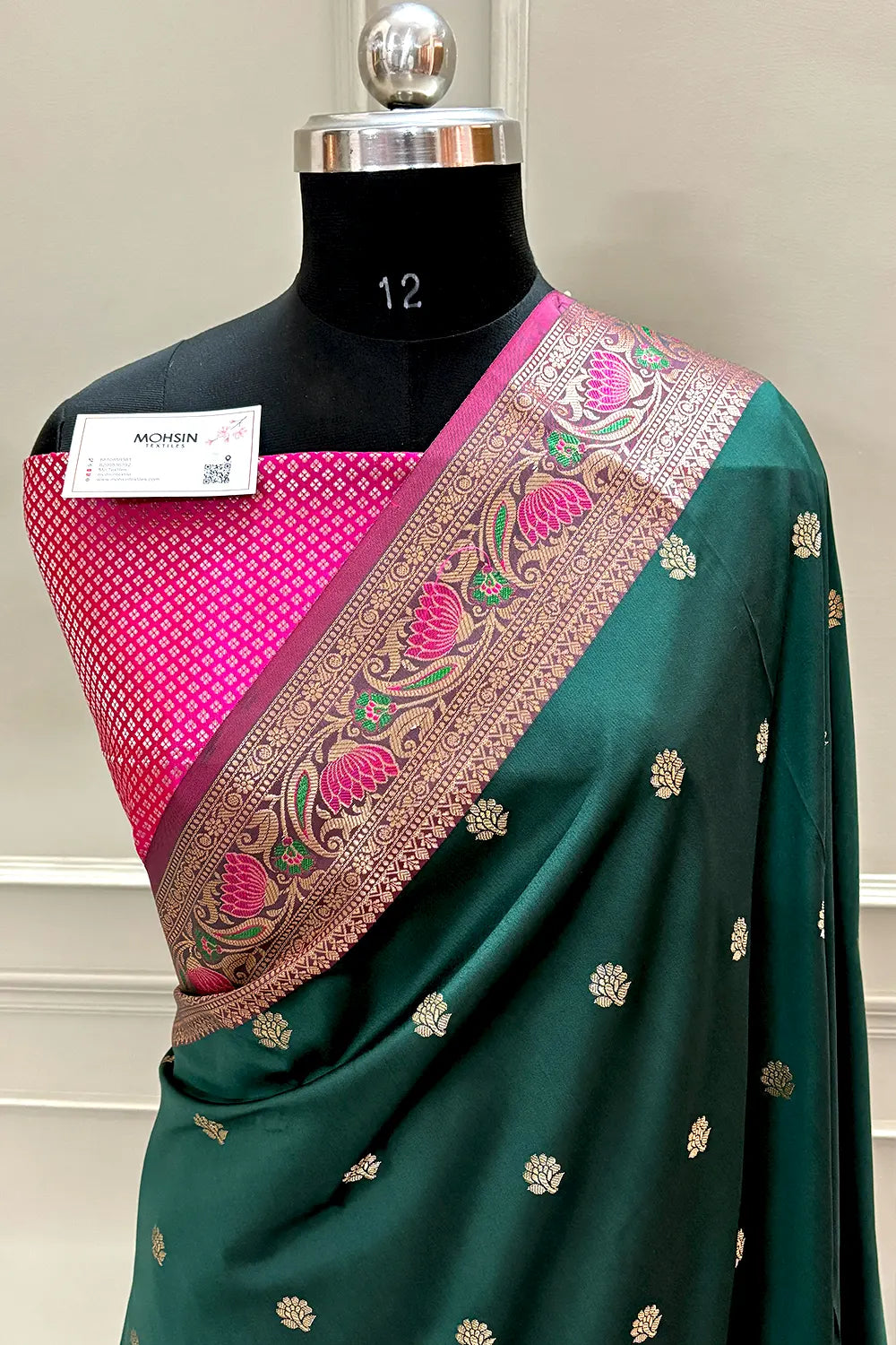 Bottle Green and Pink Buti Banarasi Silk Saree