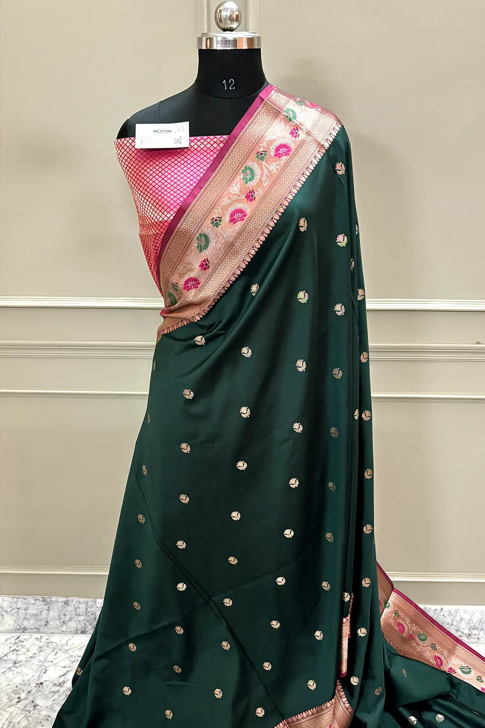 Bottle Green and Pink Buti Banarasi Silk Saree
