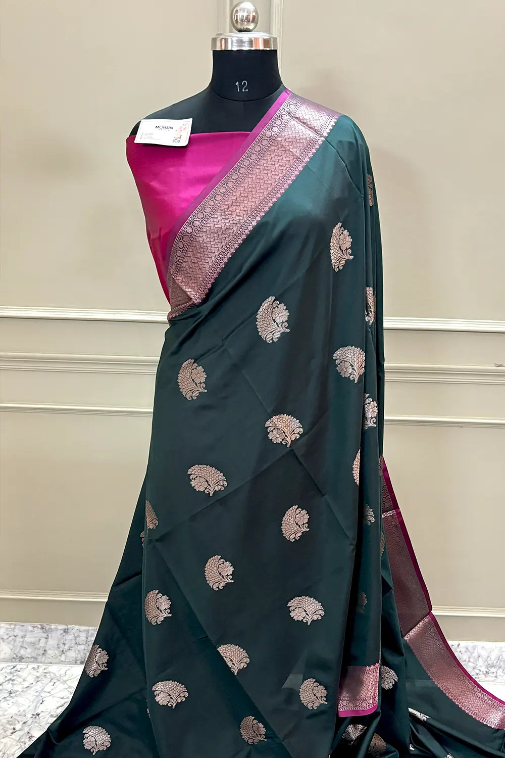 Bottle Green and Pink Golden Zari Banarasi Silk Saree