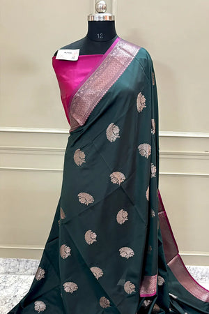 Bottle Green and Pink Golden Zari Banarasi Silk Saree