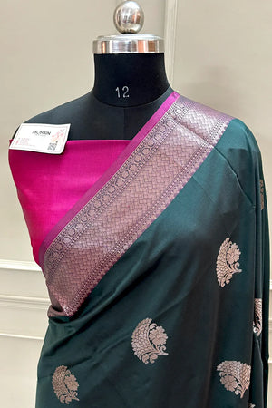 Bottle Green and Pink Golden Zari Banarasi Silk Saree