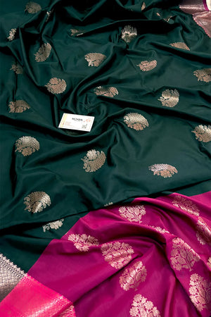Bottle Green and Pink Golden Zari Banarasi Silk Saree