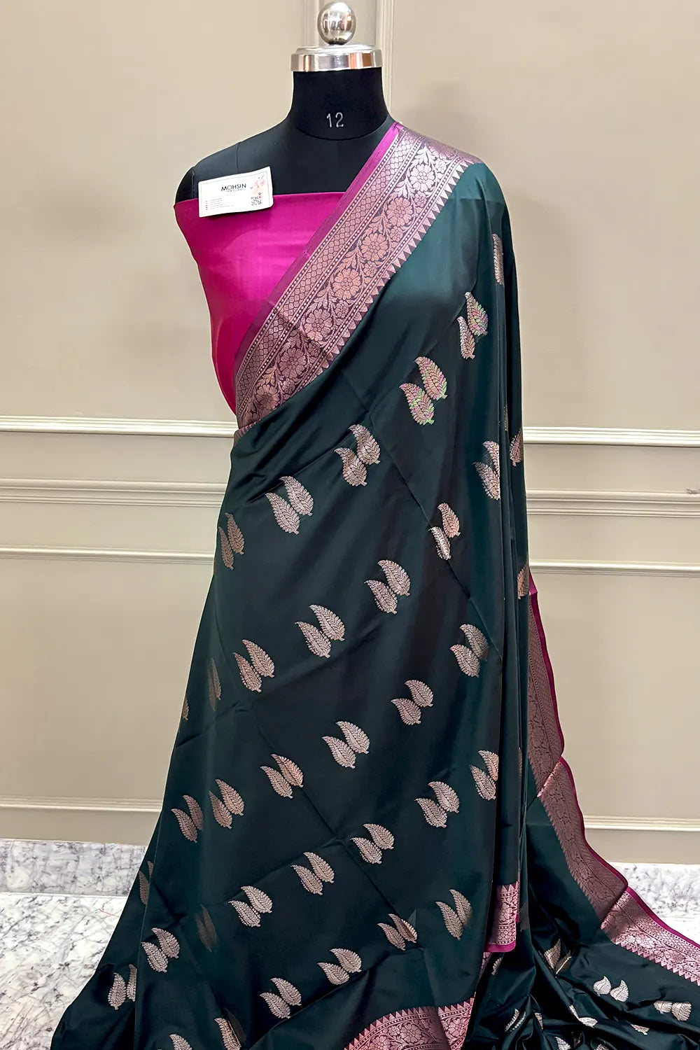 Bottle Green and Pink Golden Zari Banarasi Silk Saree