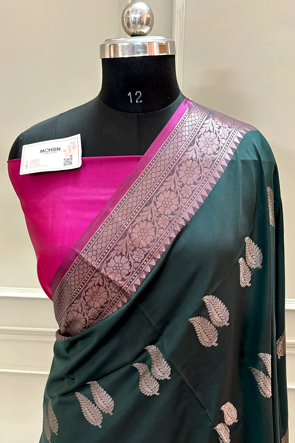 Bottle Green and Pink Golden Zari Banarasi Silk Saree