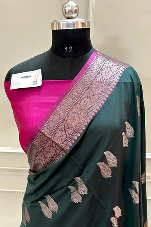 Bottle Green and Pink Golden Zari Banarasi Silk Saree