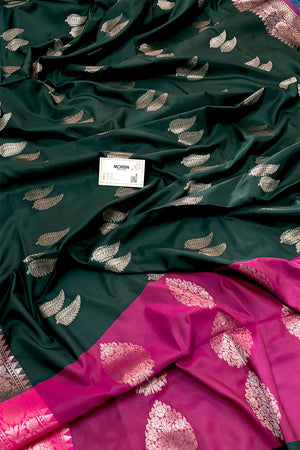 Bottle Green and Pink Golden Zari Banarasi Silk Saree