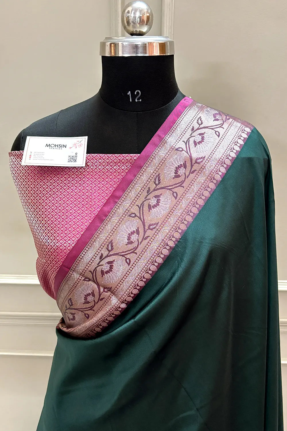 Bottle Green and Pink Plain Banarasi Silk Saree