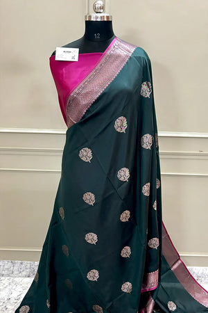 Bottle Green and Pink Zari Banarasi Silk Saree