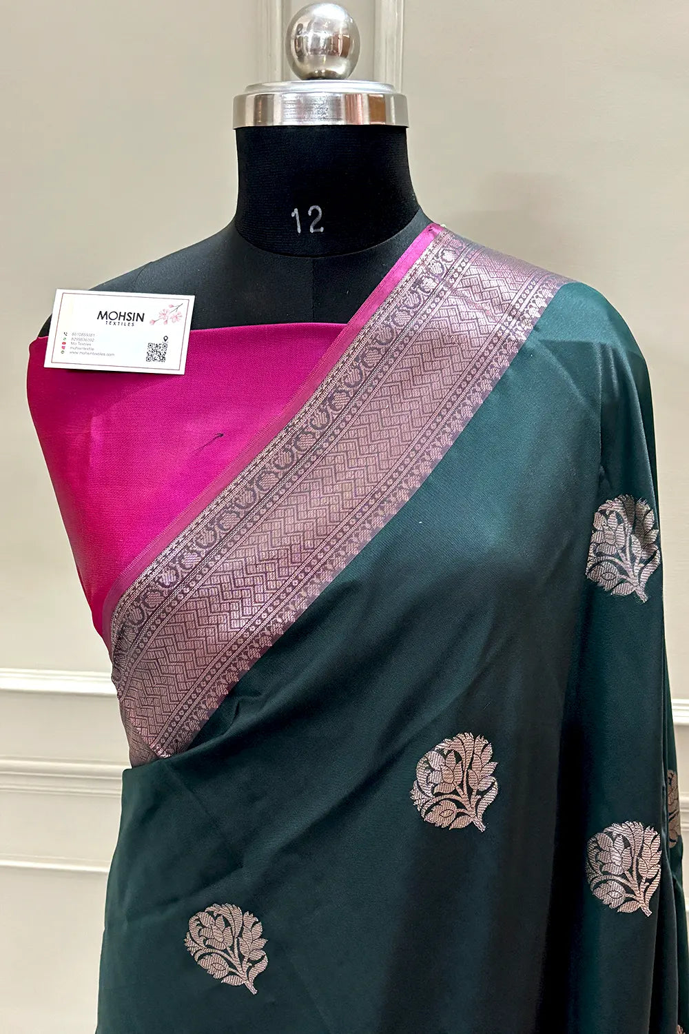 Bottle Green and Pink Zari Banarasi Silk Saree