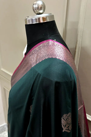 Bottle Green and Pink Zari Banarasi Silk Saree