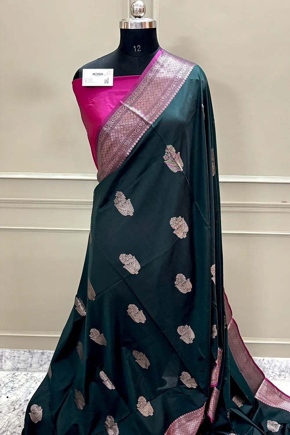 Bottle Green and Pink Zari Banarasi Silk Saree