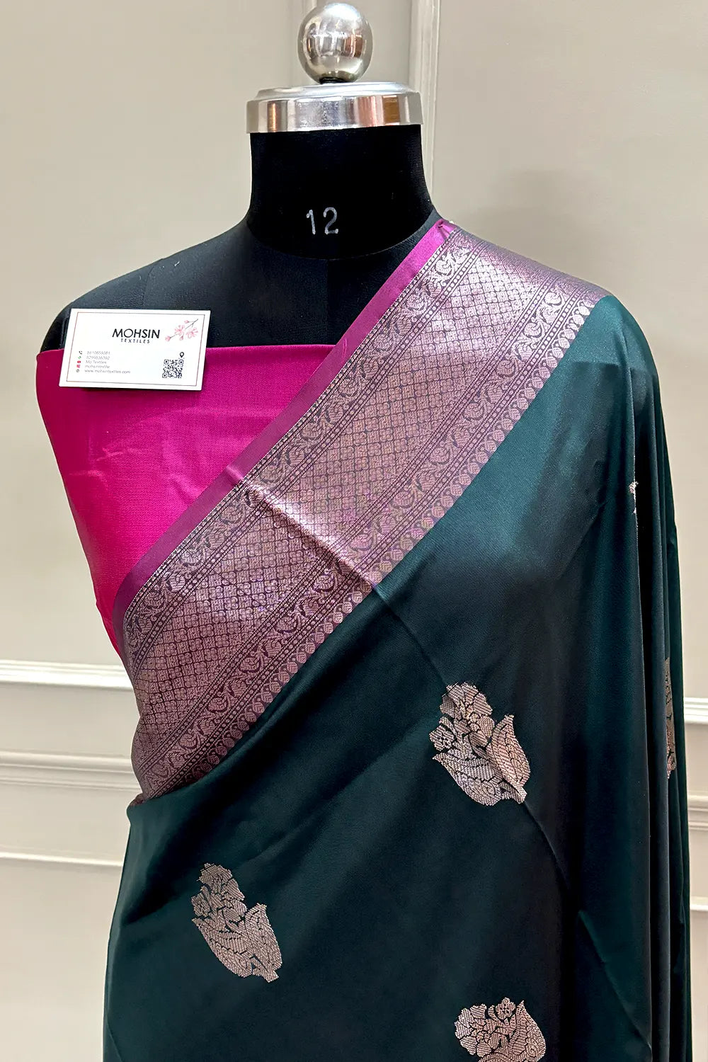 Bottle Green and Pink Zari Banarasi Silk Saree
