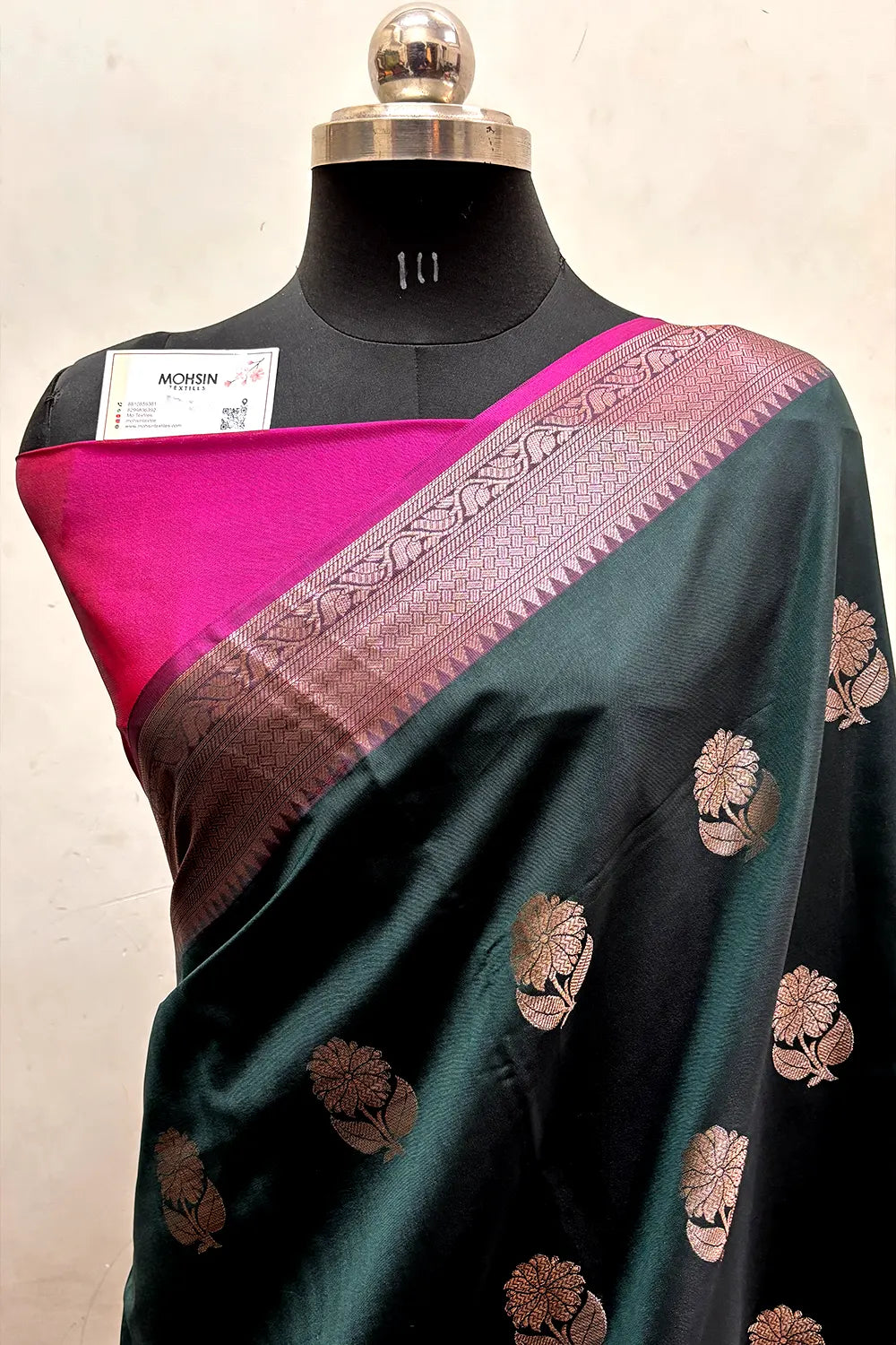 Bottle Green and Pink Zari Semi Katan Silk Banarasi Saree