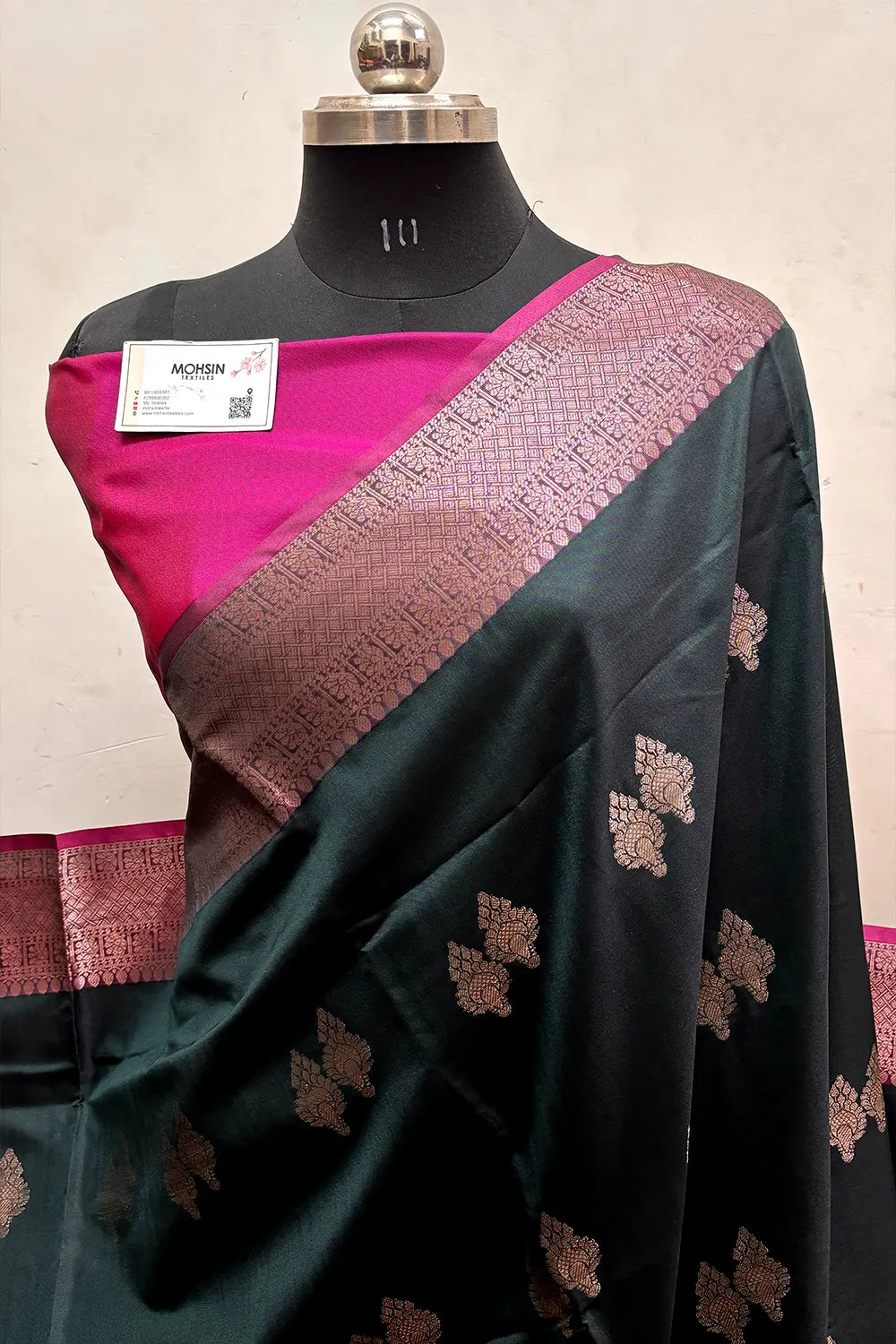 Bottle Green and Pink Zari Semi Katan Silk Banarasi Saree