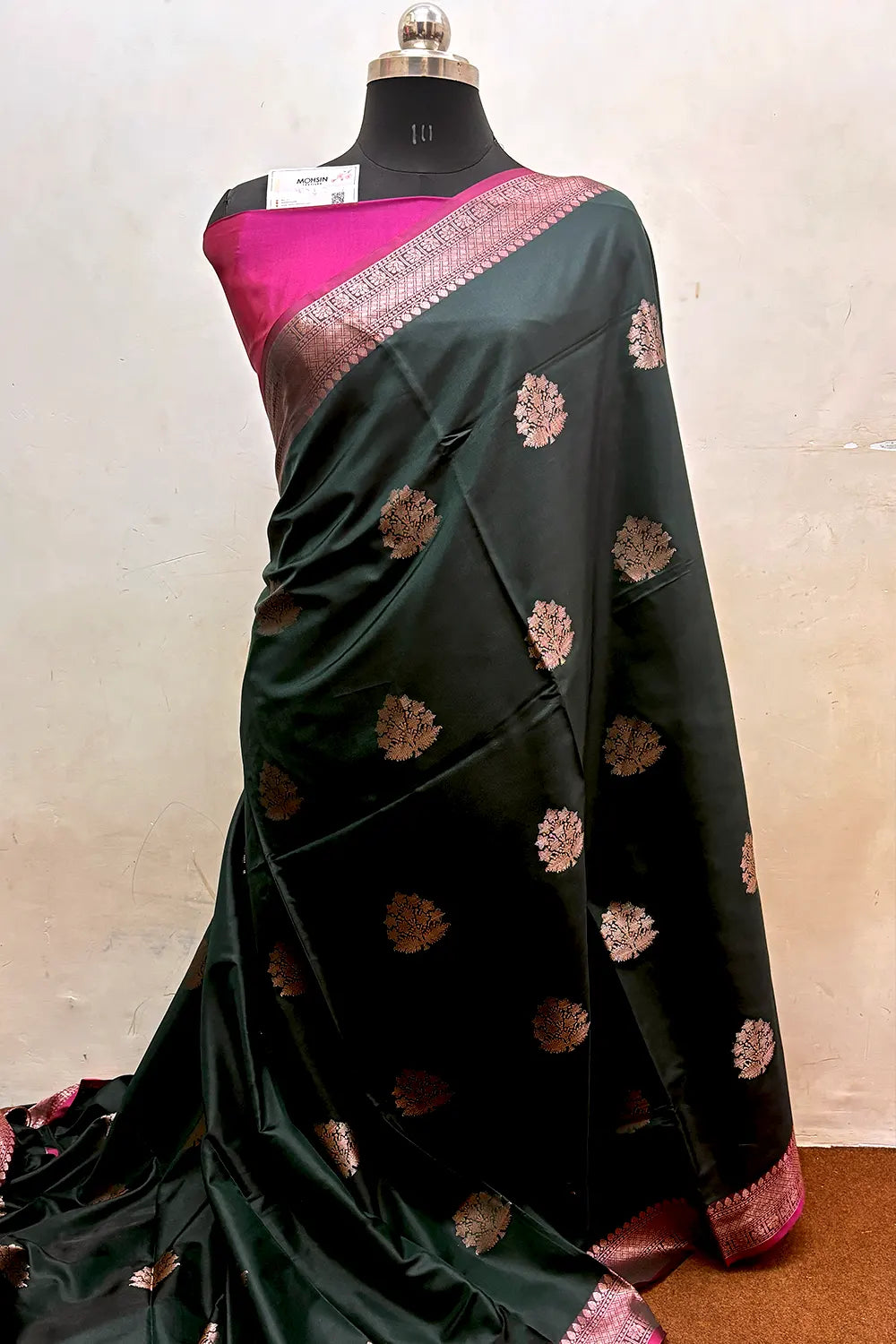 Bottle Green and Pink Zari Semi Katan Silk Banarasi Saree