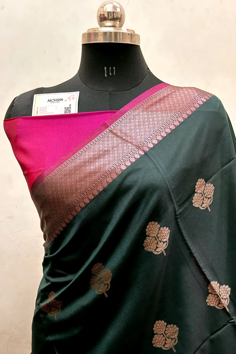 Bottle Green and Pink Zari Semi Katan Silk Banarasi Saree