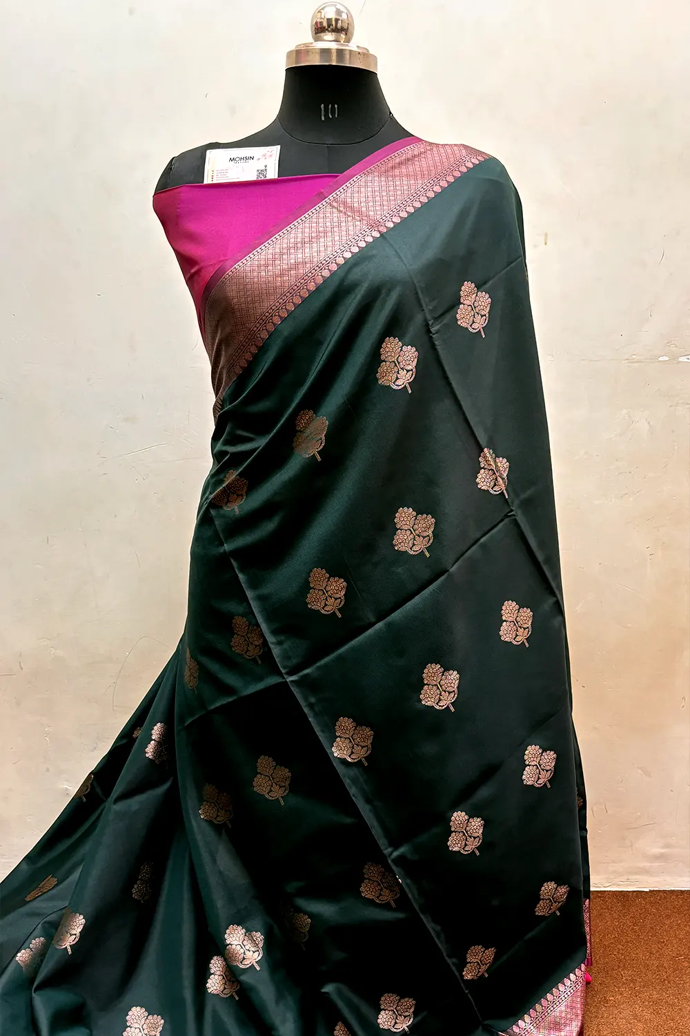 Bottle Green and Pink Zari Semi Katan Silk Banarasi Saree