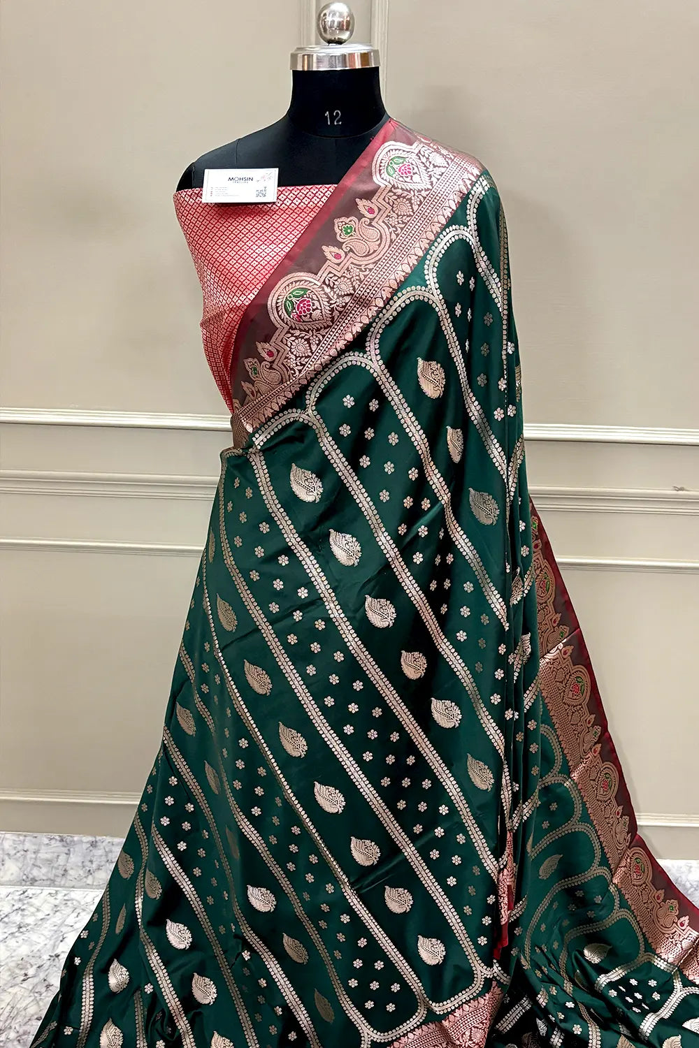 Bottle Green and Red Zari Banarasi Silk Saree