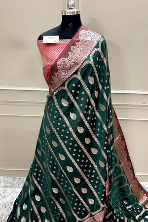 Bottle Green and Red Zari Banarasi Silk Saree