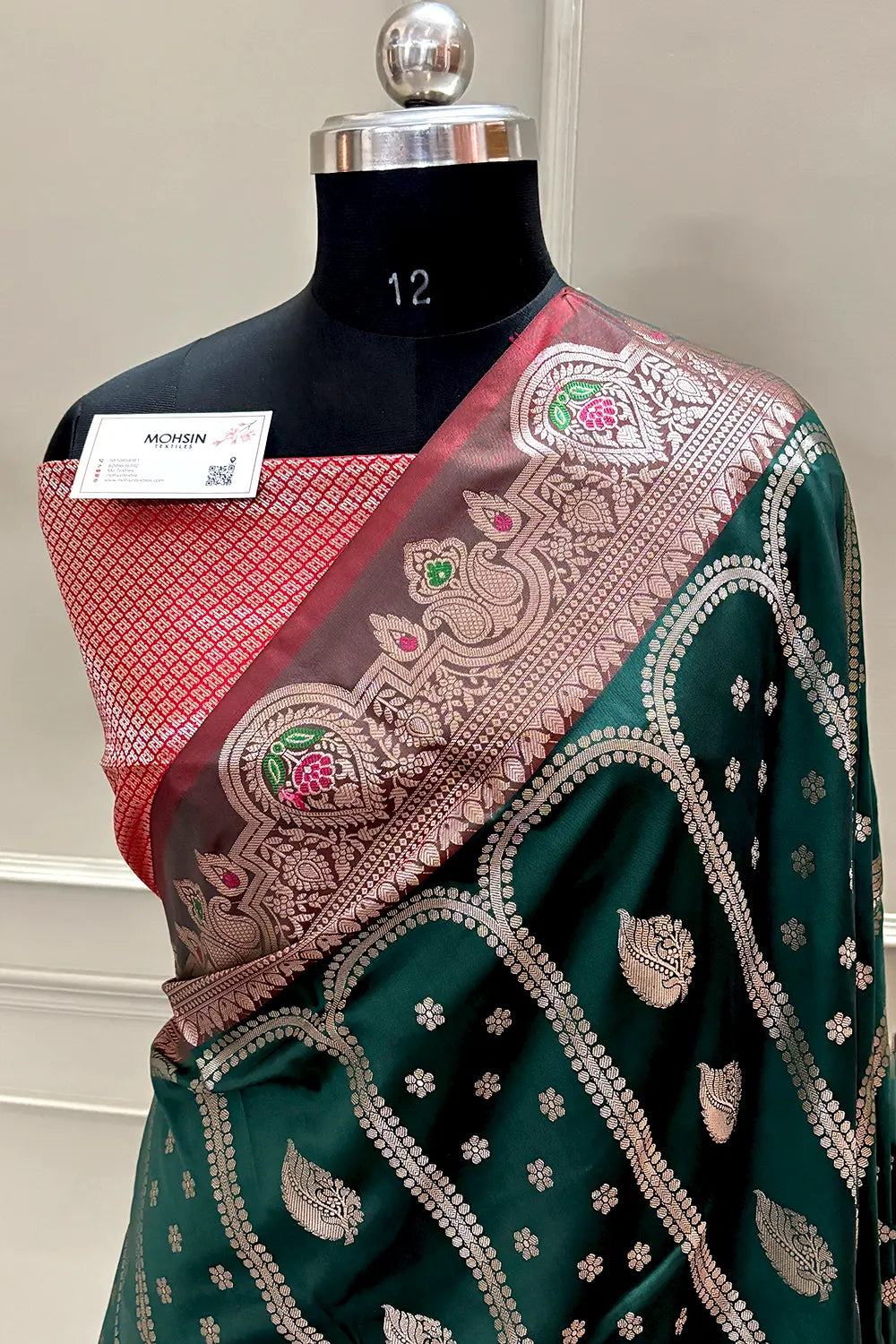 Bottle Green and Red Zari Banarasi Silk Saree