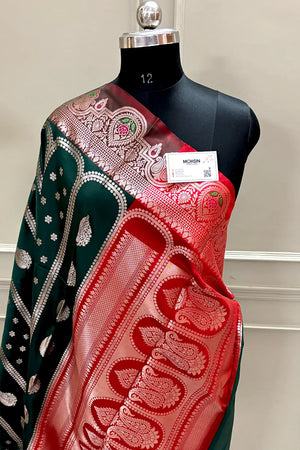Bottle Green and Red Zari Banarasi Silk Saree