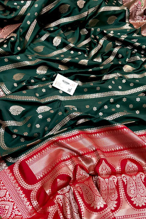 Bottle Green and Red Zari Banarasi Silk Saree