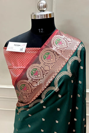 Bottle Green and Red Zari Banarasi Silk Saree