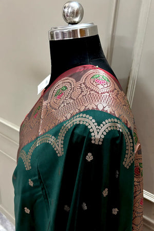 Bottle Green and Red Zari Banarasi Silk Saree