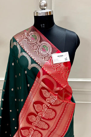 Bottle Green and Red Zari Banarasi Silk Saree
