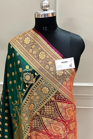 Bottle Green and Red Zari Katan Silk Banarasi Saree