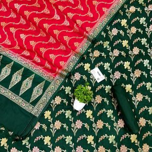 Bottle Green and Red Zari Katan Silk Banarasi Suit