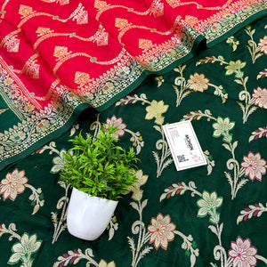 Bottle Green and Red Zari Katan Silk Banarasi Suit