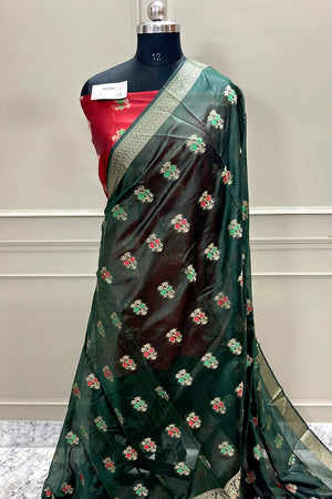 Bottle Green and Red Zari Resham Silk Banarasi Saree