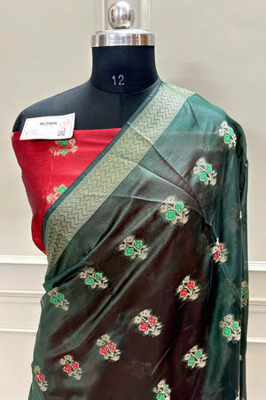 Bottle Green and Red Zari Resham Silk Banarasi Saree