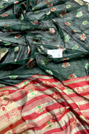 Bottle Green and Red Zari Resham Silk Banarasi Saree