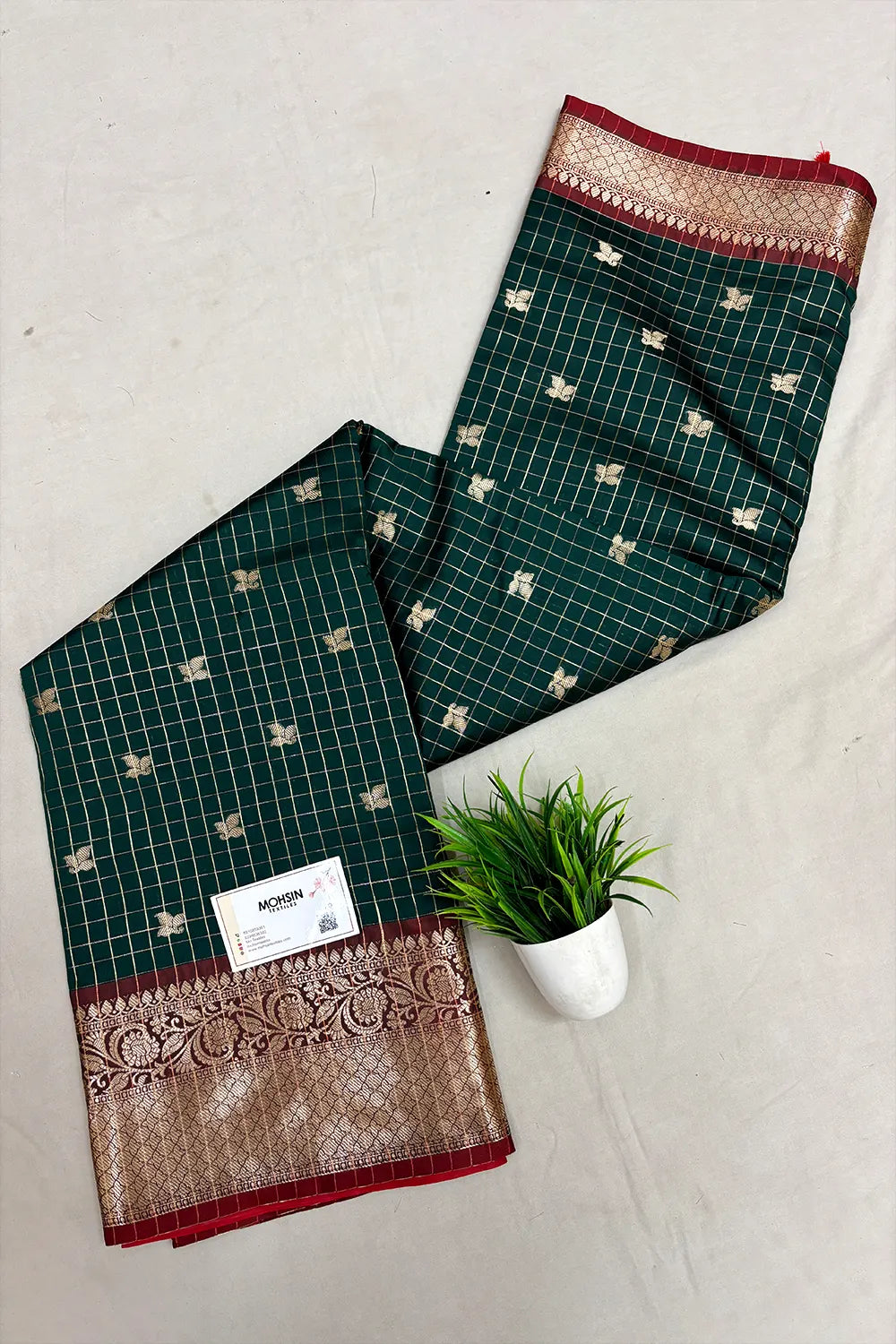 Bottle Green and Red Zari Semi Katan Silk Banarasi Saree