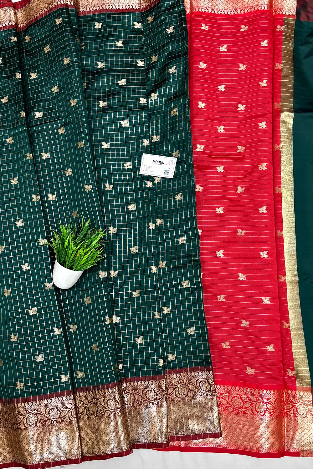 Bottle Green and Red Zari Semi Katan Silk Banarasi Saree